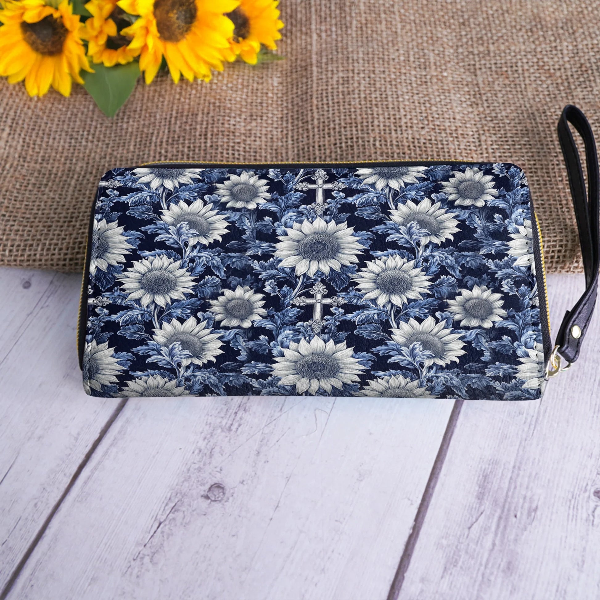  Leather Clutch Purse With Wristlet Strap Handle Midnight Blue Sunflower Cross
