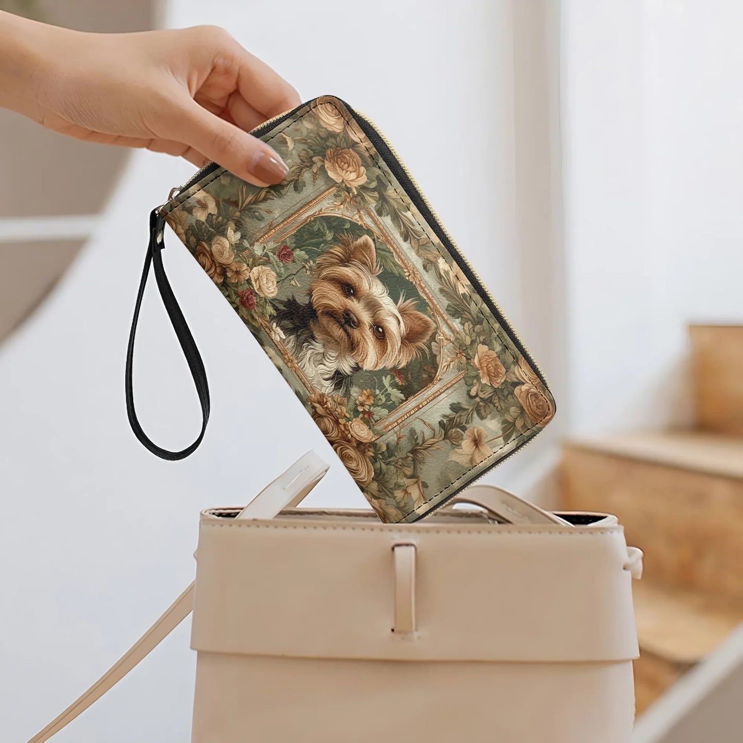  Leather Clutch Purse With Wristlet Strap Handle Luxe Yorkie Companion