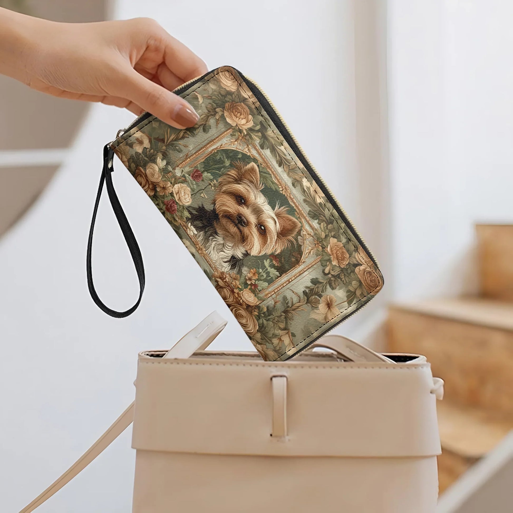  Leather Clutch Purse With Wristlet Strap Handle Luxe Yorkie Companion