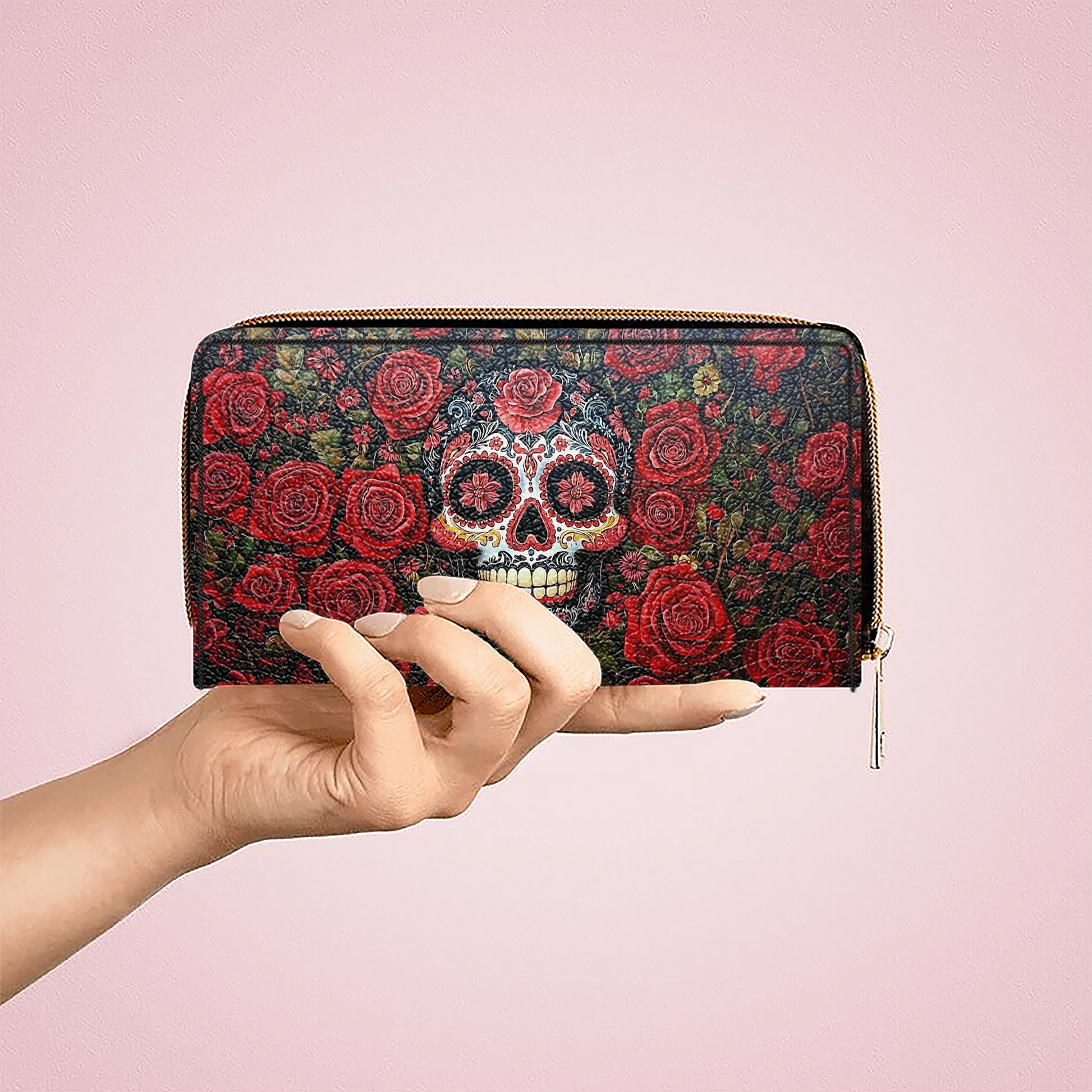  Leather Clutch Purse With Wristlet Strap Handle Roses & Sugar Skull Elegance