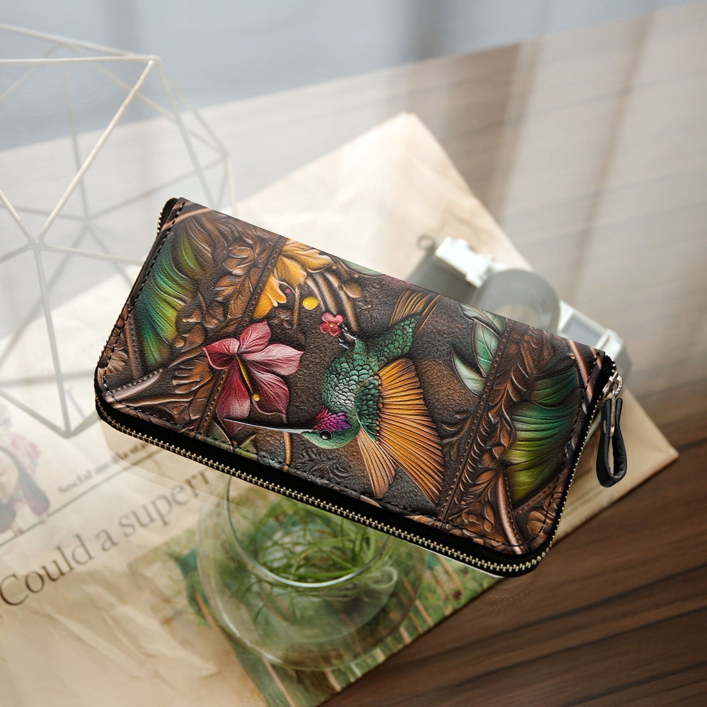  Leather Clutch Purse With Wristlet Strap Handle Embossed Hummingbird
