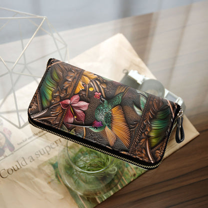  Leather Clutch Purse With Wristlet Strap Handle Embossed Hummingbird