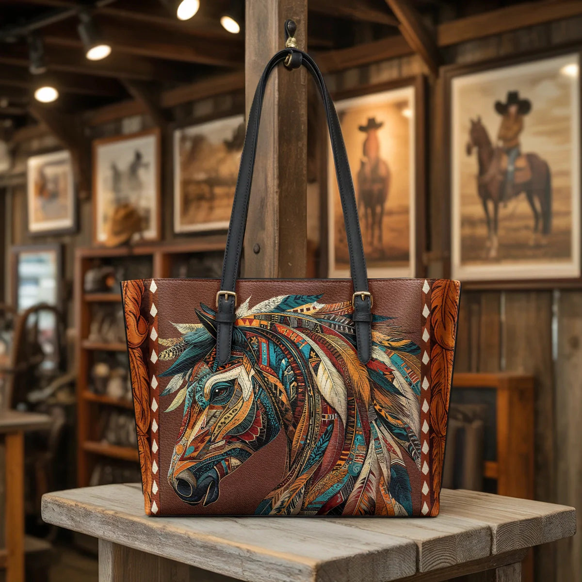  Tribal Horse Majesty Leather Tote Bag