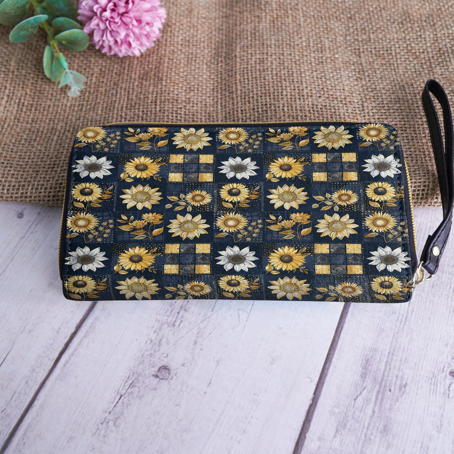  Leather Clutch Purse With Wristlet Strap Handle Inelegance Sunflowers