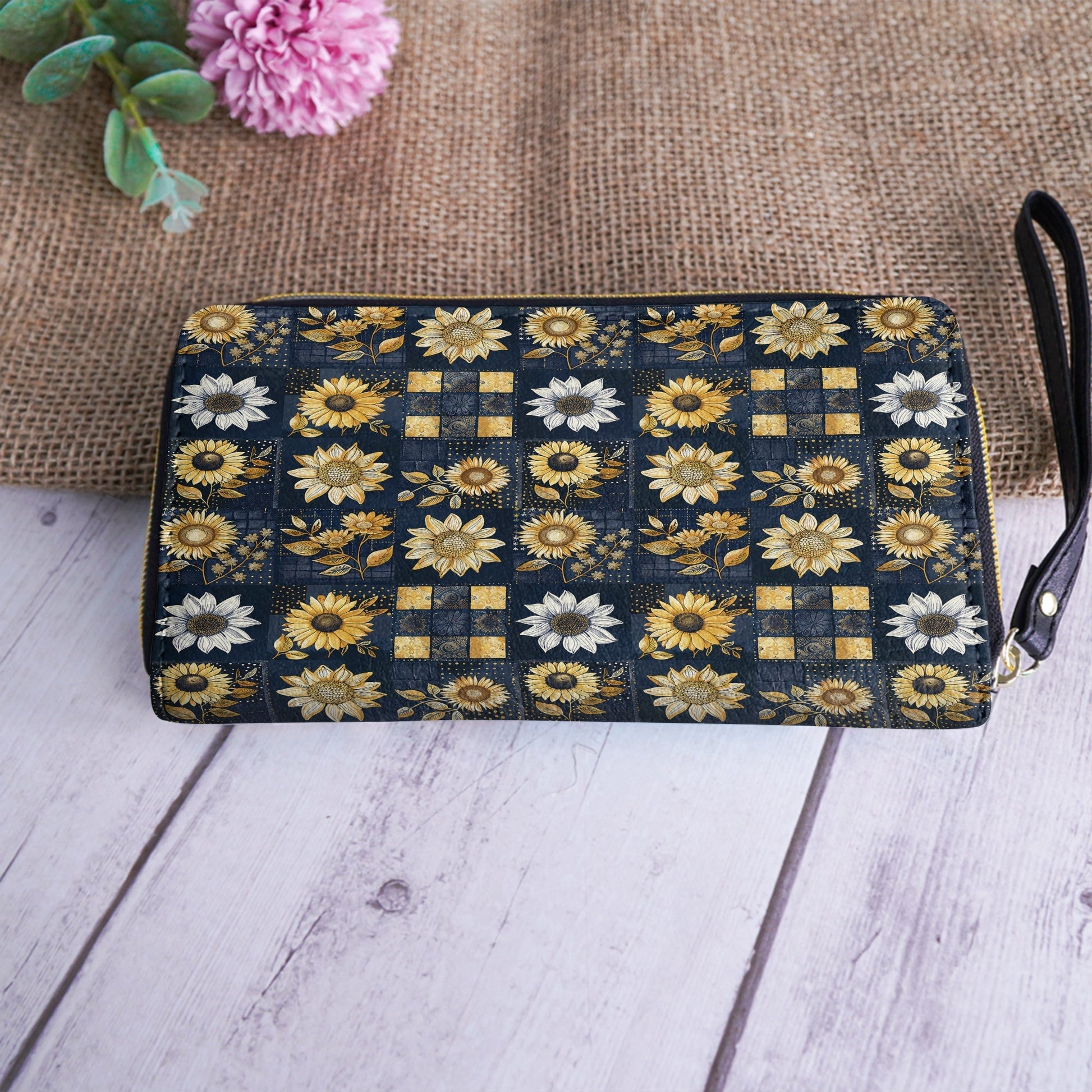  Leather Clutch Purse With Wristlet Strap Handle Inelegance Sunflowers