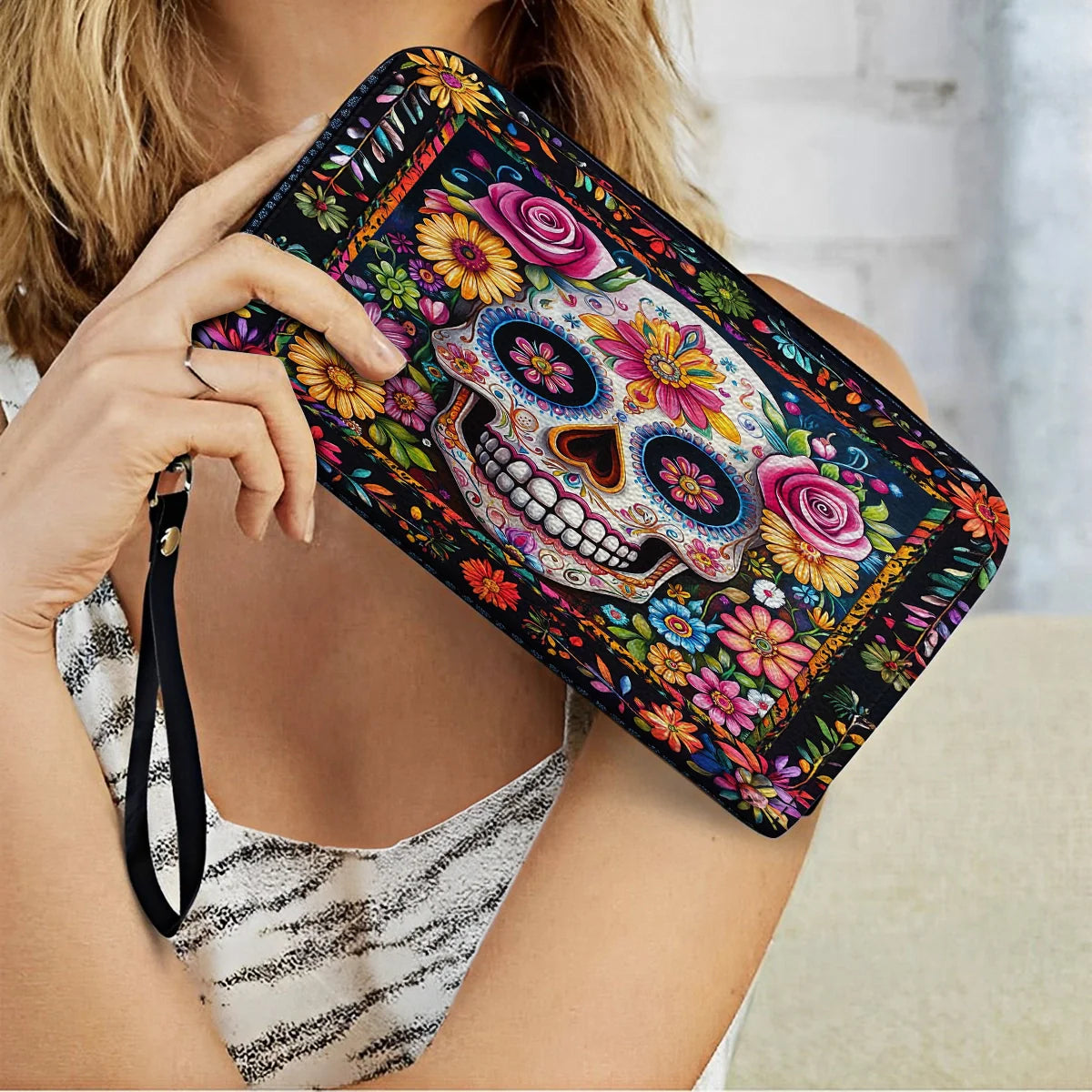  Leather Clutch Purse With Wristlet Strap Handle Calavera Floral Dreams