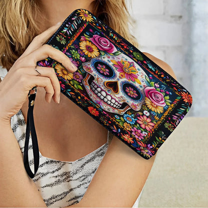  Leather Clutch Purse With Wristlet Strap Handle Calavera Floral Dreams