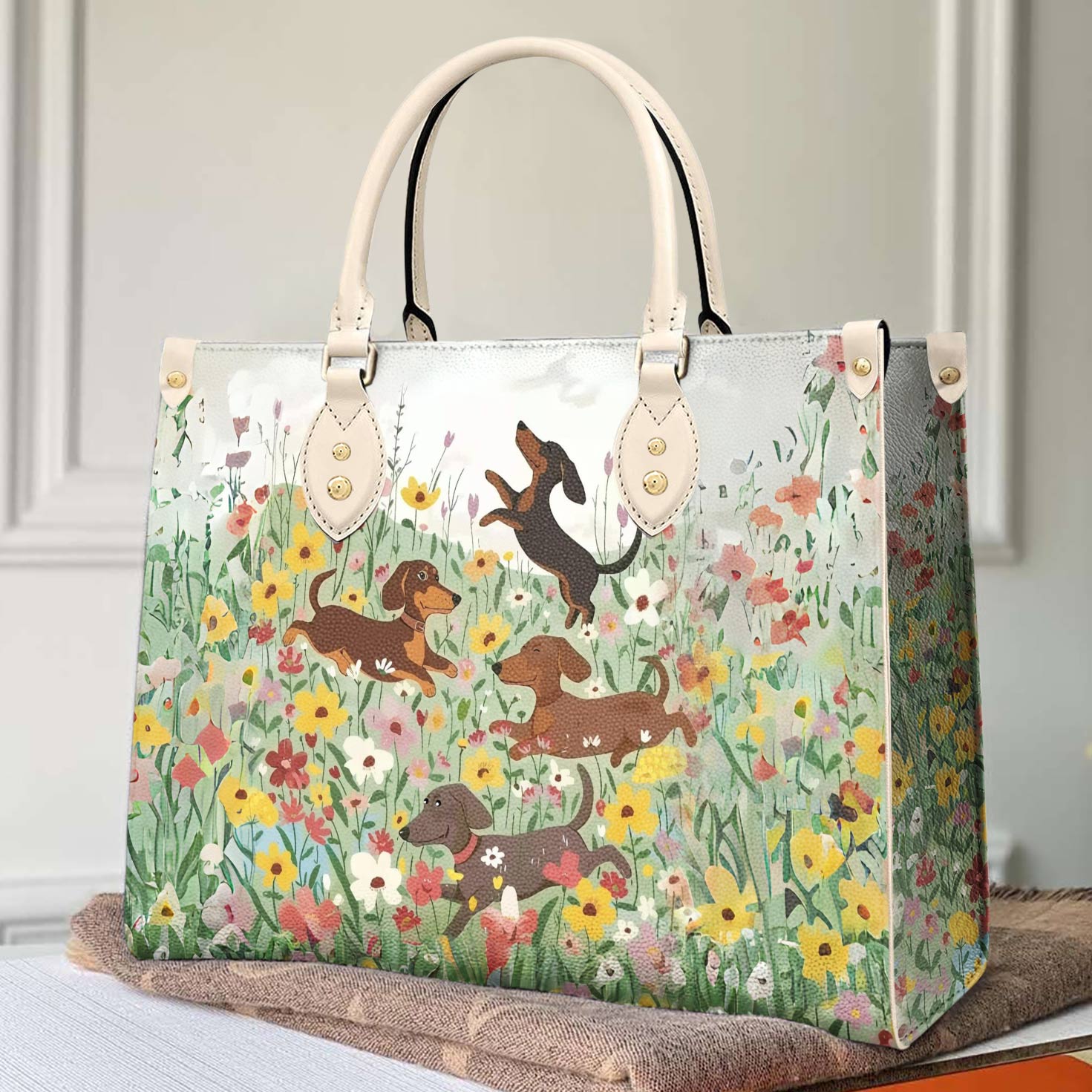  Leather Bag Traditional Dachshund In Flower Garden