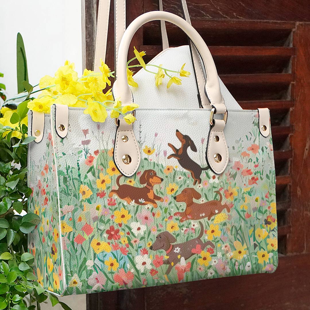  Leather Bag Traditional Dachshund In Flower Garden