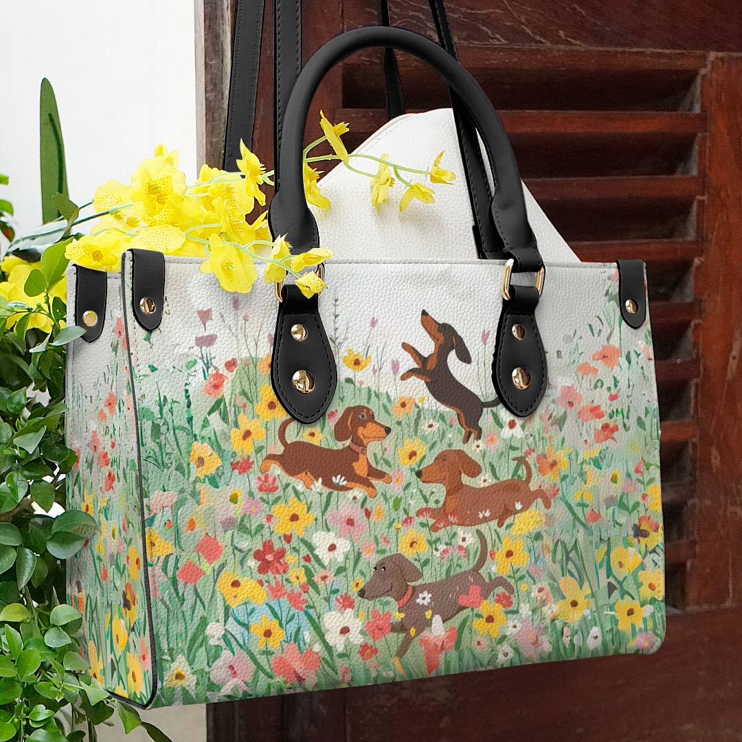 Leather Bag Traditional Dachshund In Flower Garden
