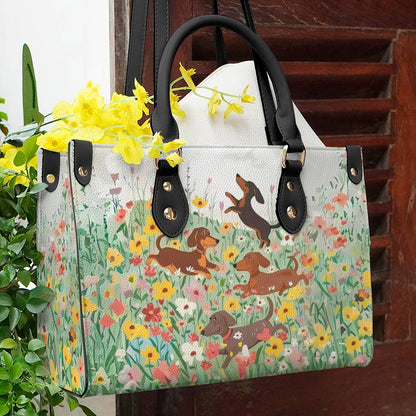  Leather Bag Traditional Dachshund In Flower Garden