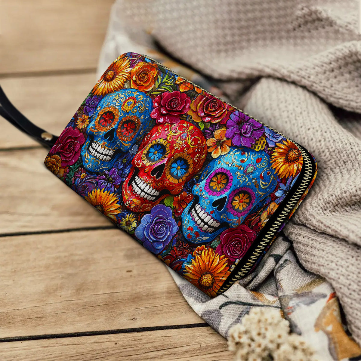  Leather Clutch Purse With Wristlet Strap Handle Vibrant Sugar Skull