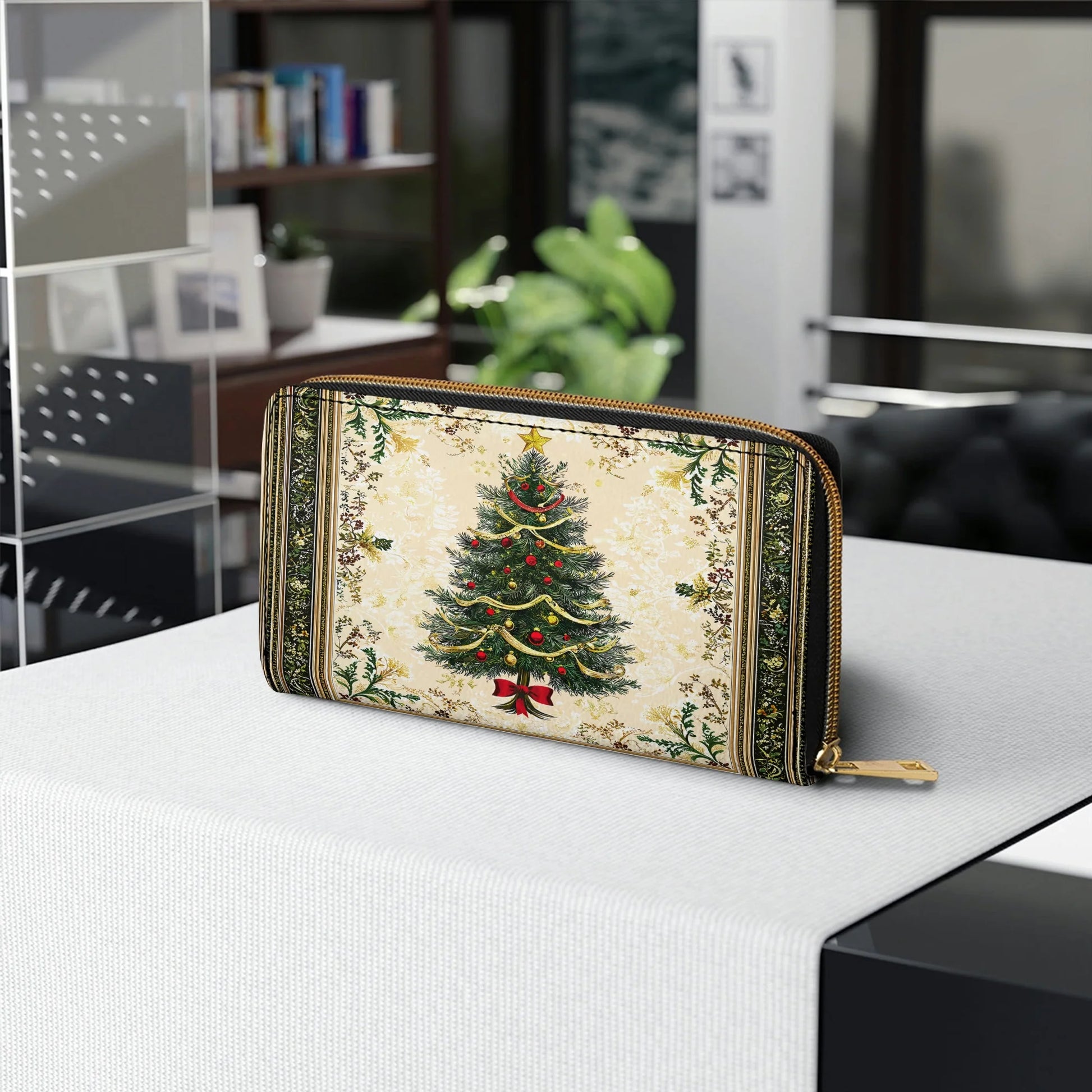 Leather Clutch Purse With Wristlet Strap Handle Classic Christmas Tree