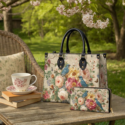  Leather Clutch Purse With Wristlet Strap Handle Bluebird Blossom