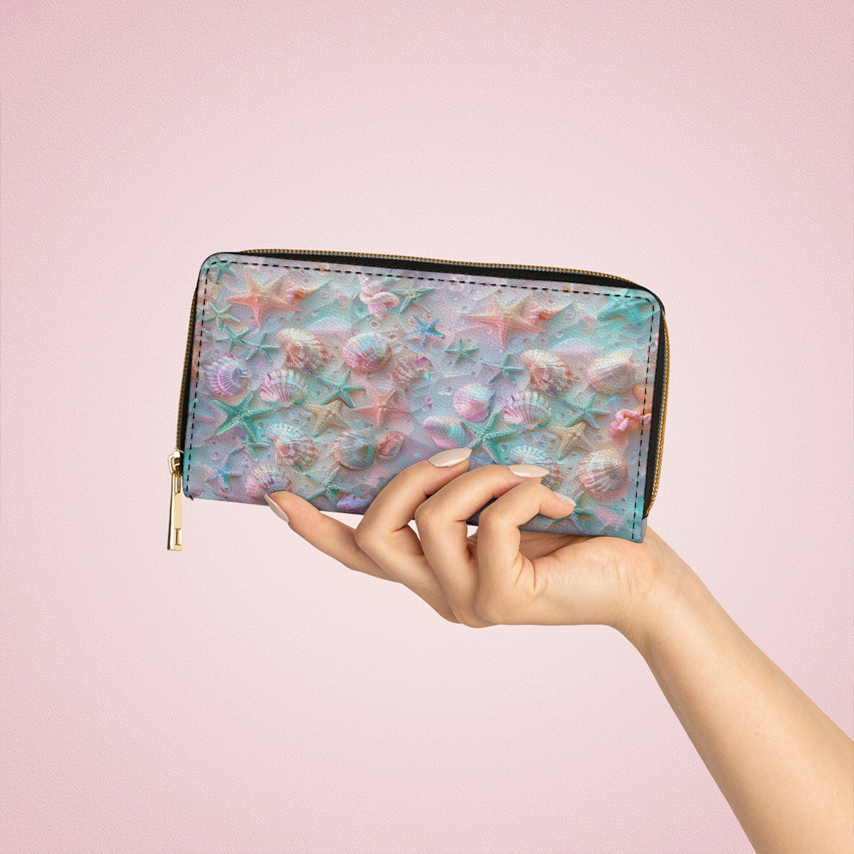  Leather Clutch Purse With Wristlet Strap Handle Coastal Shell