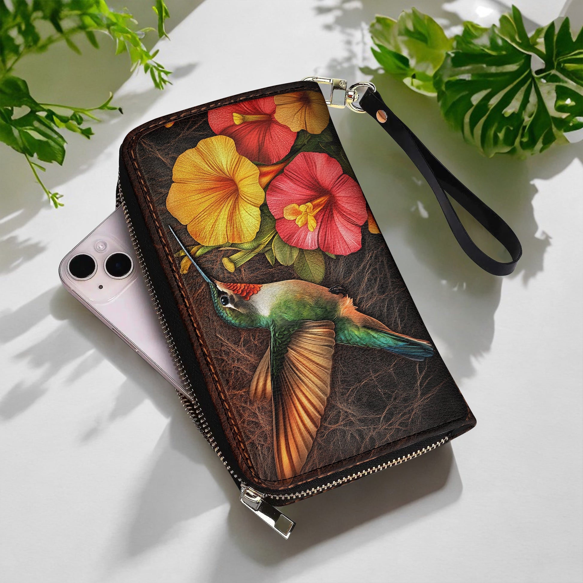  Leather Clutch Purse With Wristlet Strap Handle Tropical Hummingbird