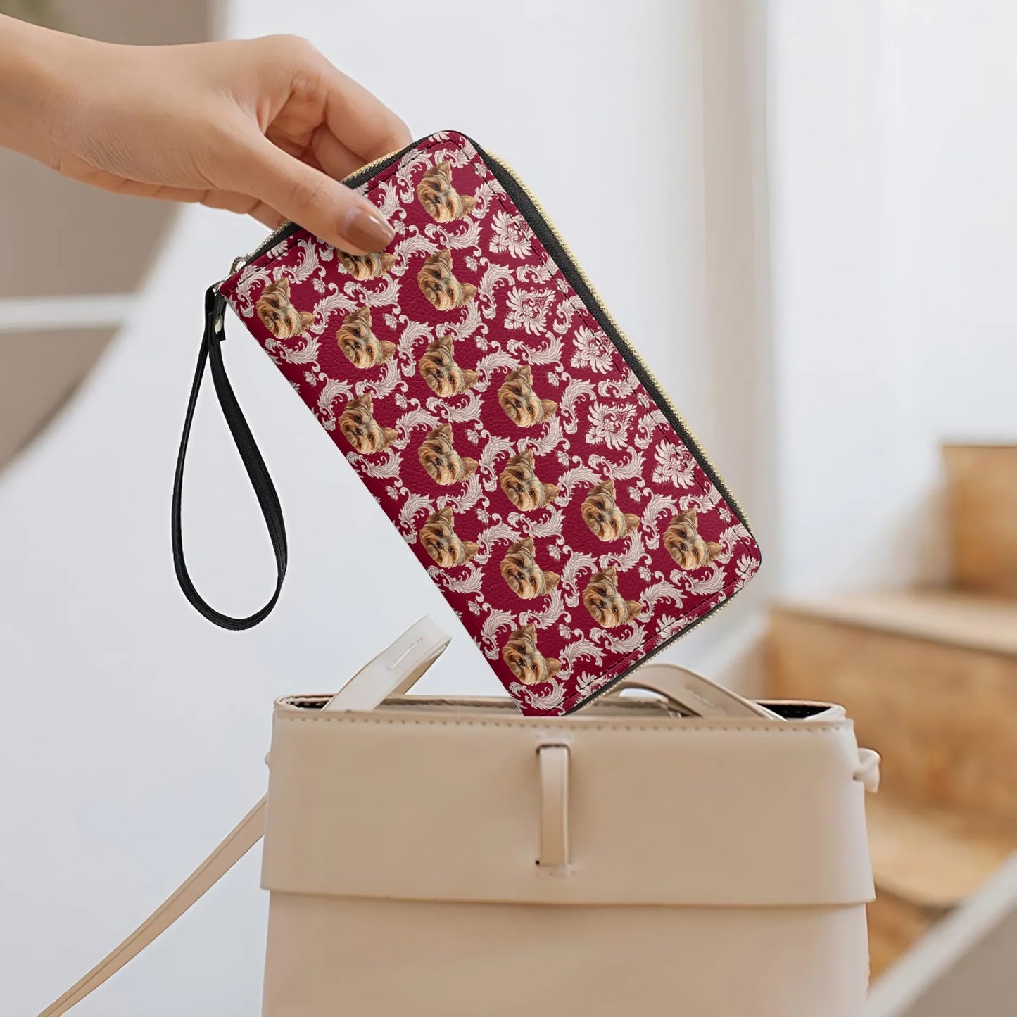  Leather Clutch Purse With Wristlet Strap Handle Royal Yorkie Charm
