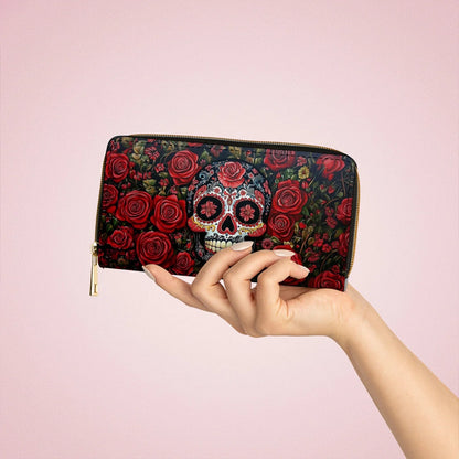  Leather Clutch Purse With Wristlet Strap Handle Roses & Sugar Skull Elegance