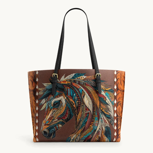  Tribal Horse Majesty Leather Tote Bag