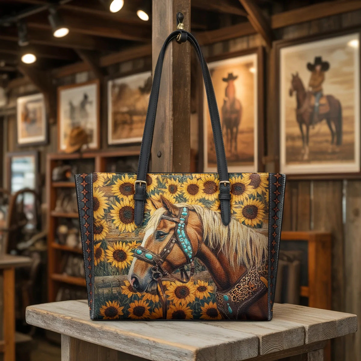  Golden Horse & Sun Leather Tote Bag