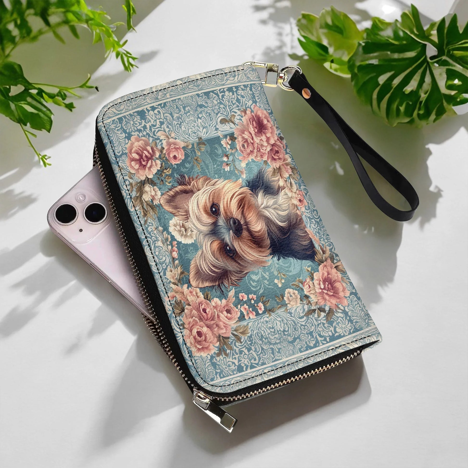 Leather Clutch Purse With Wristlet Strap Handle Yorkie Rose Bloom Elegance