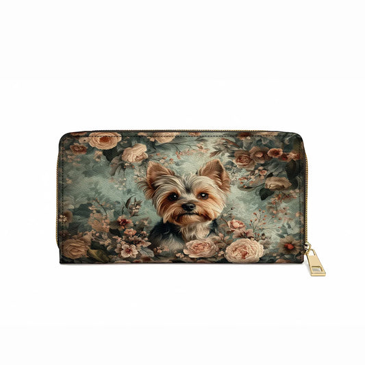  Leather Clutch Purse With Wristlet Strap Handle Yorkie Blossom Luxe