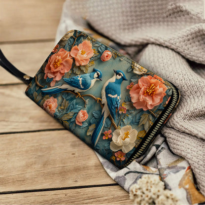  Leather Clutch Purse With Wristlet Strap Handle Bluejay Serenade