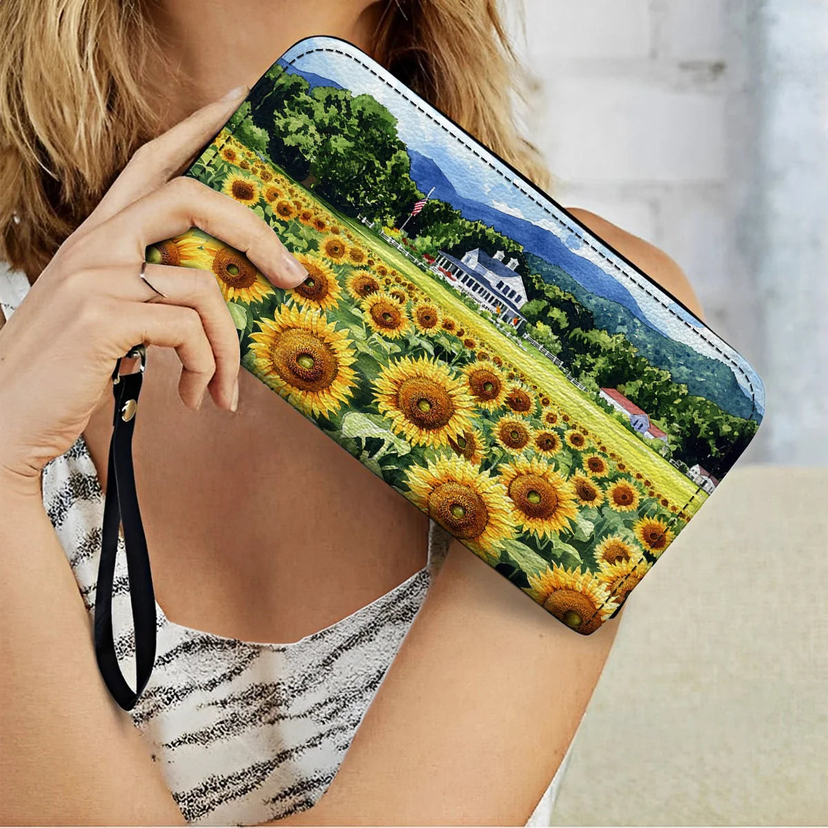  Leather Clutch Purse With Wristlet Strap Handle Sunflower Farmhouse Glory