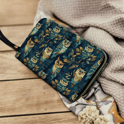  Leather Clutch Purse With Wristlet Strap Handle Nightfall Owl Symphony