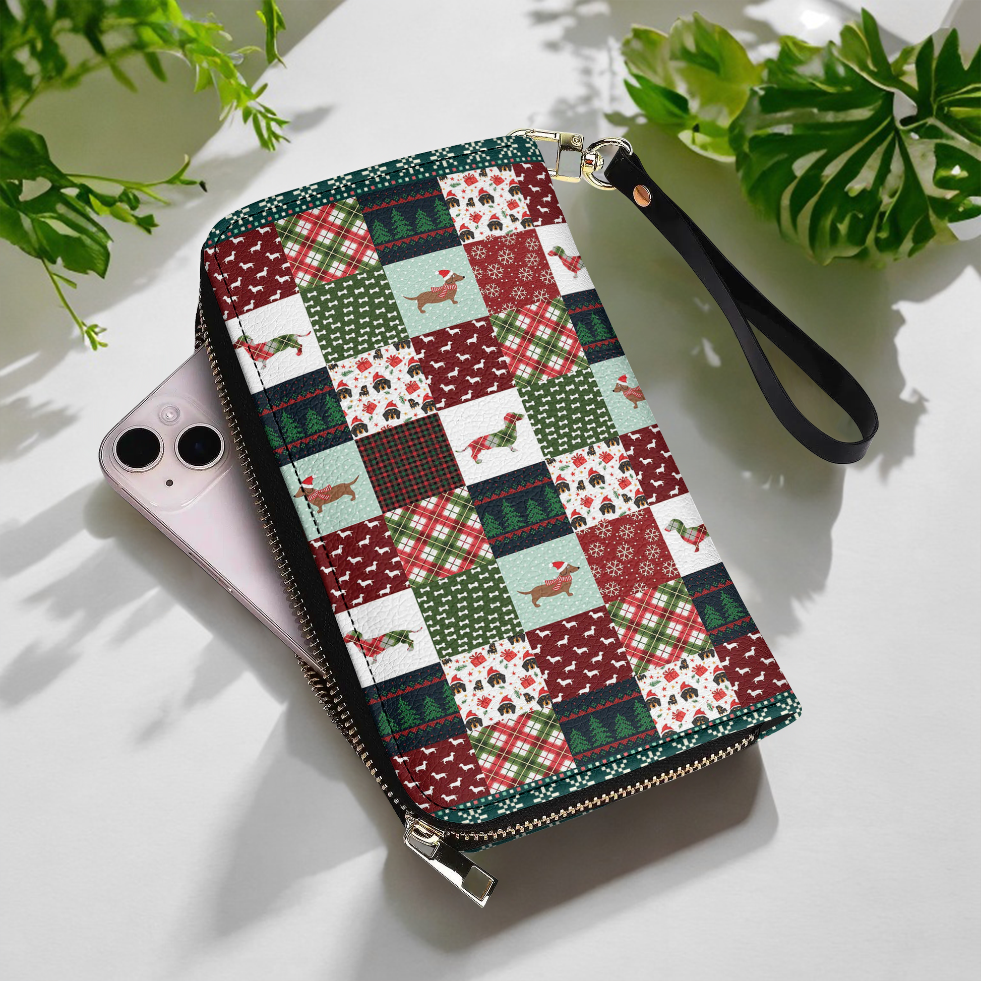  Leather Clutch Purse With Wristlet Strap Handle Dachshund Christmas