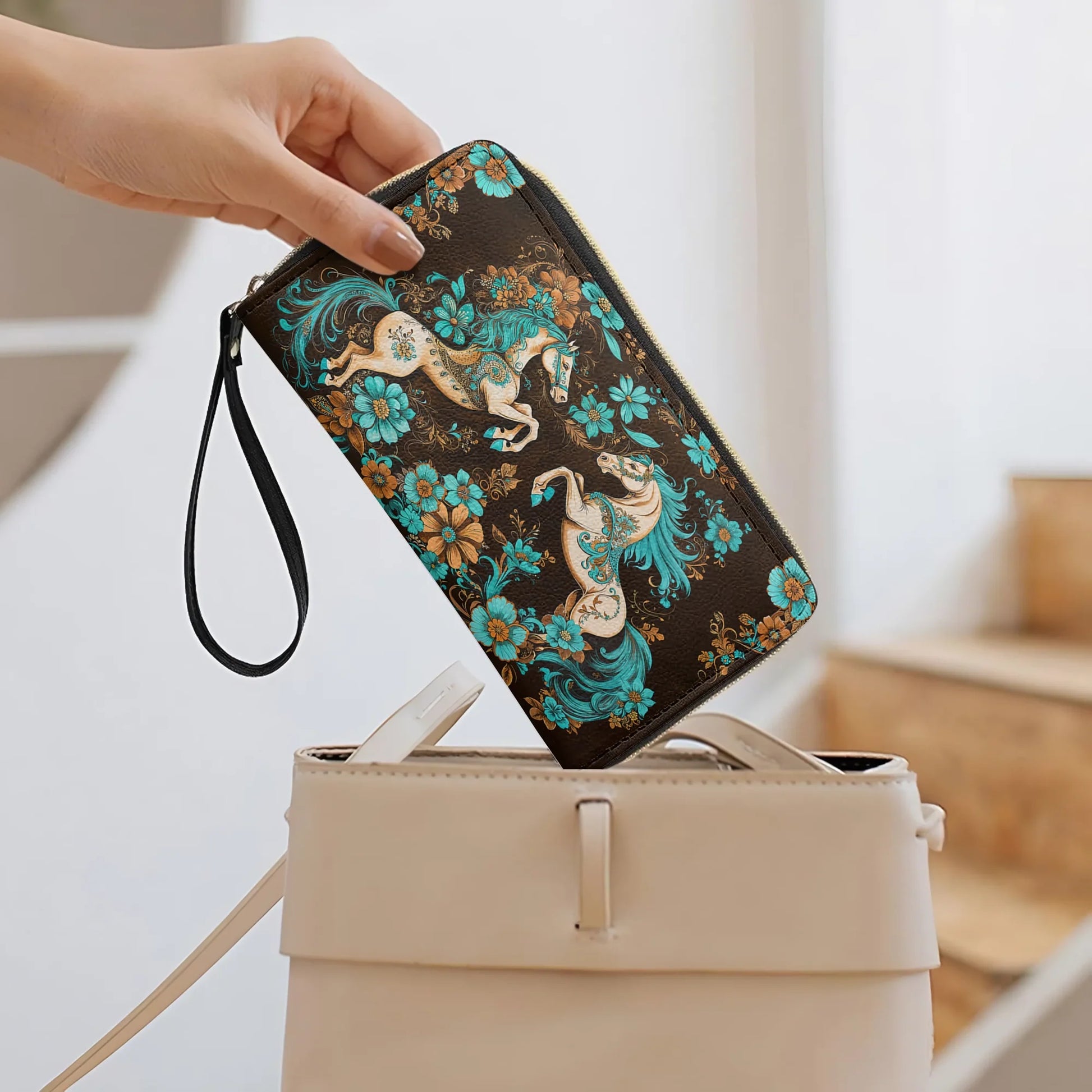  Leather Clutch Purse With Wristlet Strap Handle Mystic Horse Blossom