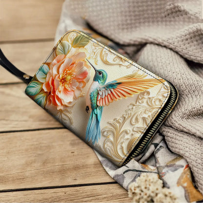  Leather Clutch Purse With Wristlet Strap Handle Golden Bloom Hummingbird