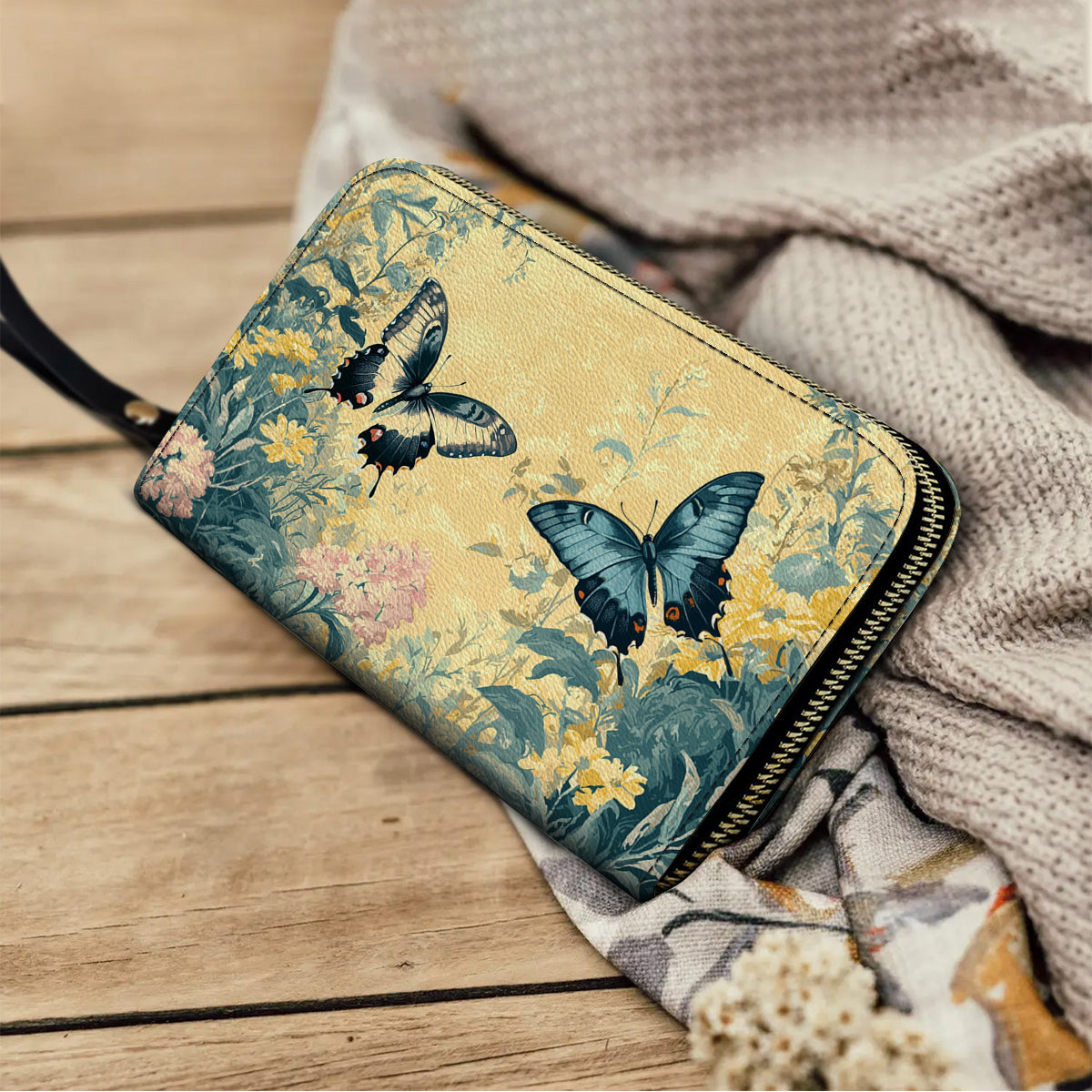  Leather Clutch Purse With Wristlet Strap Handle Secret Garden Wings