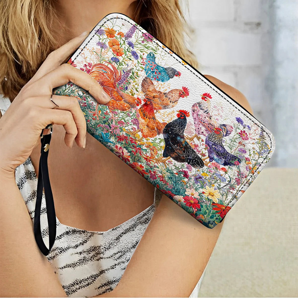  Leather Clutch Purse With Wristlet Strap Handle Chicken Rooster Garden Bliss