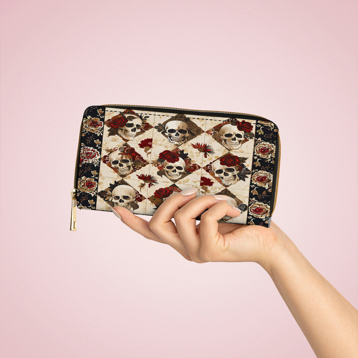  Leather Clutch Purse With Wristlet Strap Handle Charming Skull Roses