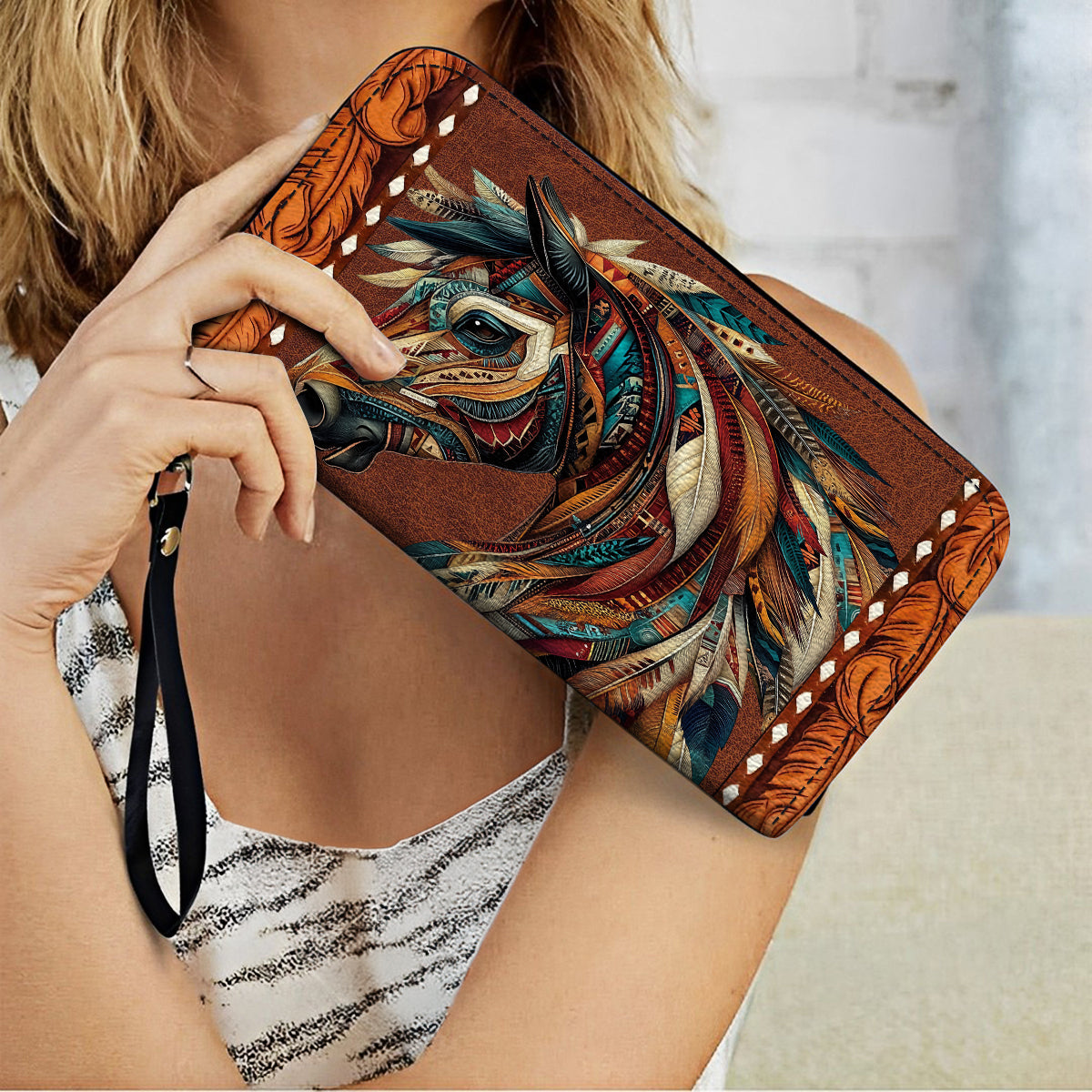  Leather Clutch Purse With Wristlet Strap Handle Tribal Horse Majesty