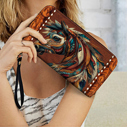  Leather Clutch Purse With Wristlet Strap Handle Tribal Horse Majesty