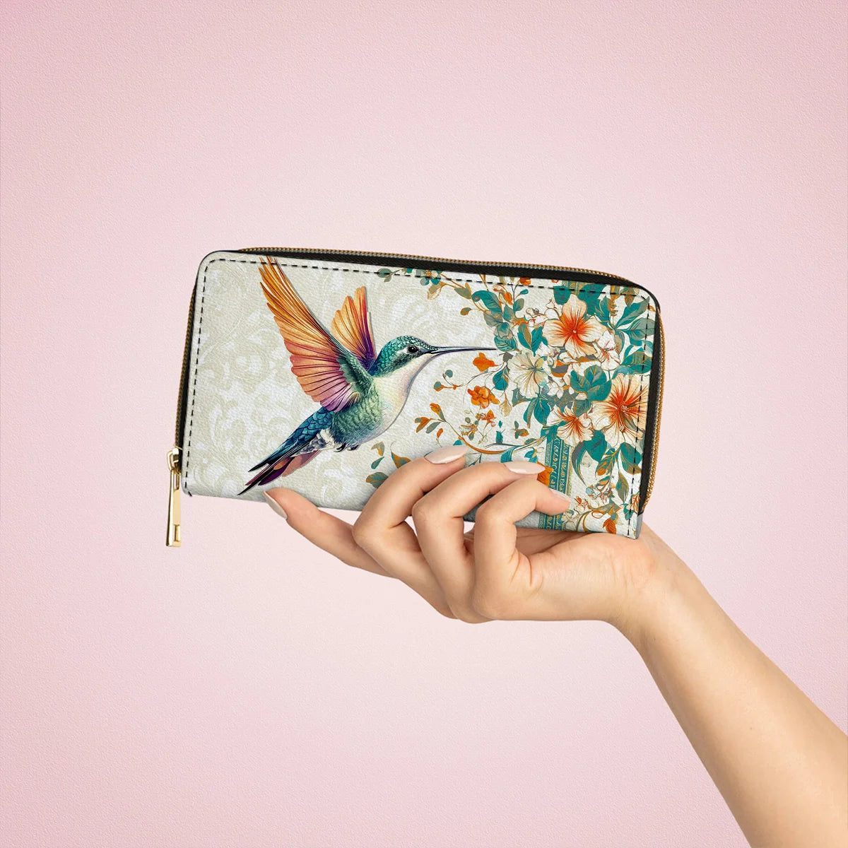  Leather Clutch Purse With Wristlet Strap Handle Hummingbird Harmony