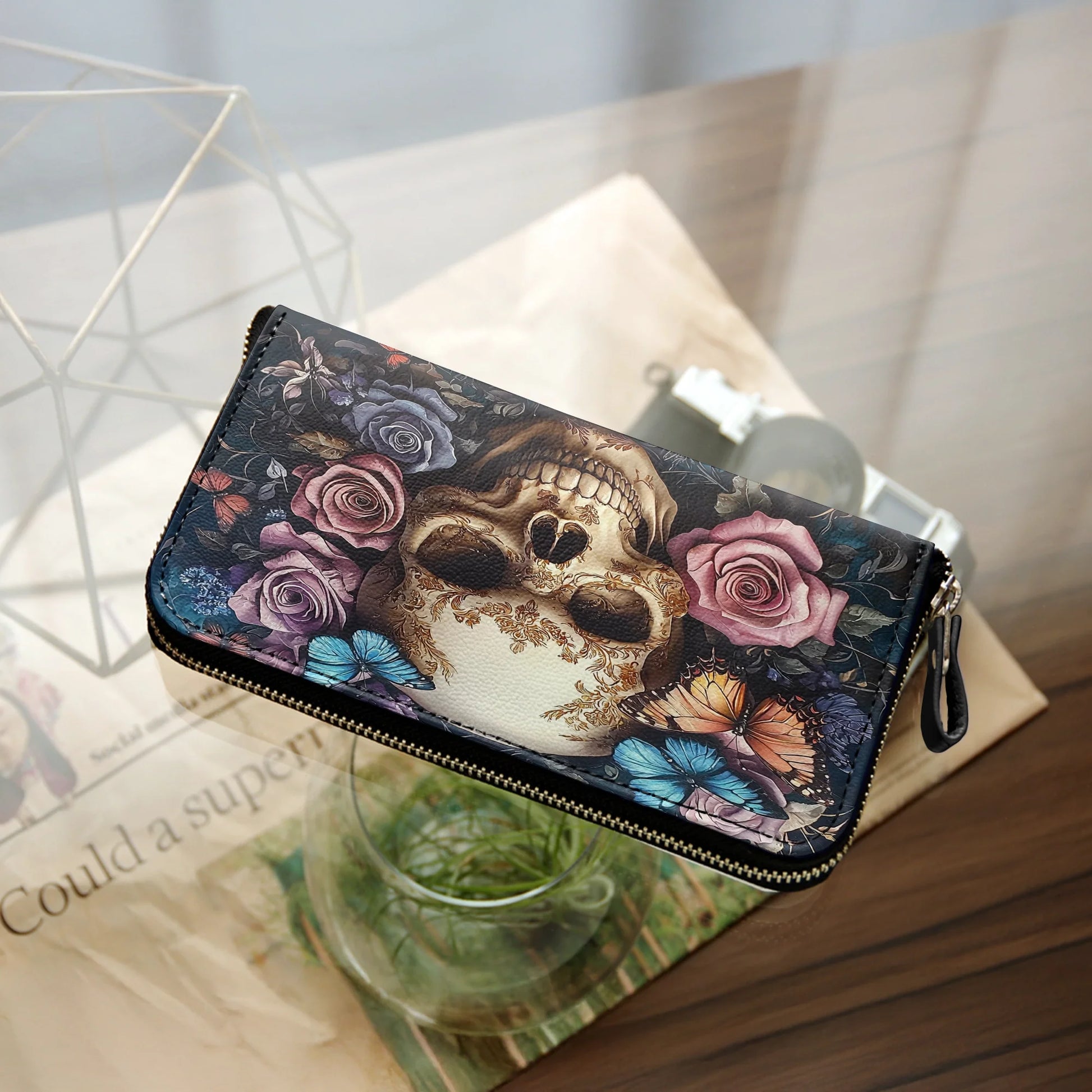  Leather Clutch Purse With Wristlet Strap Handle Skull Eternal Serenade