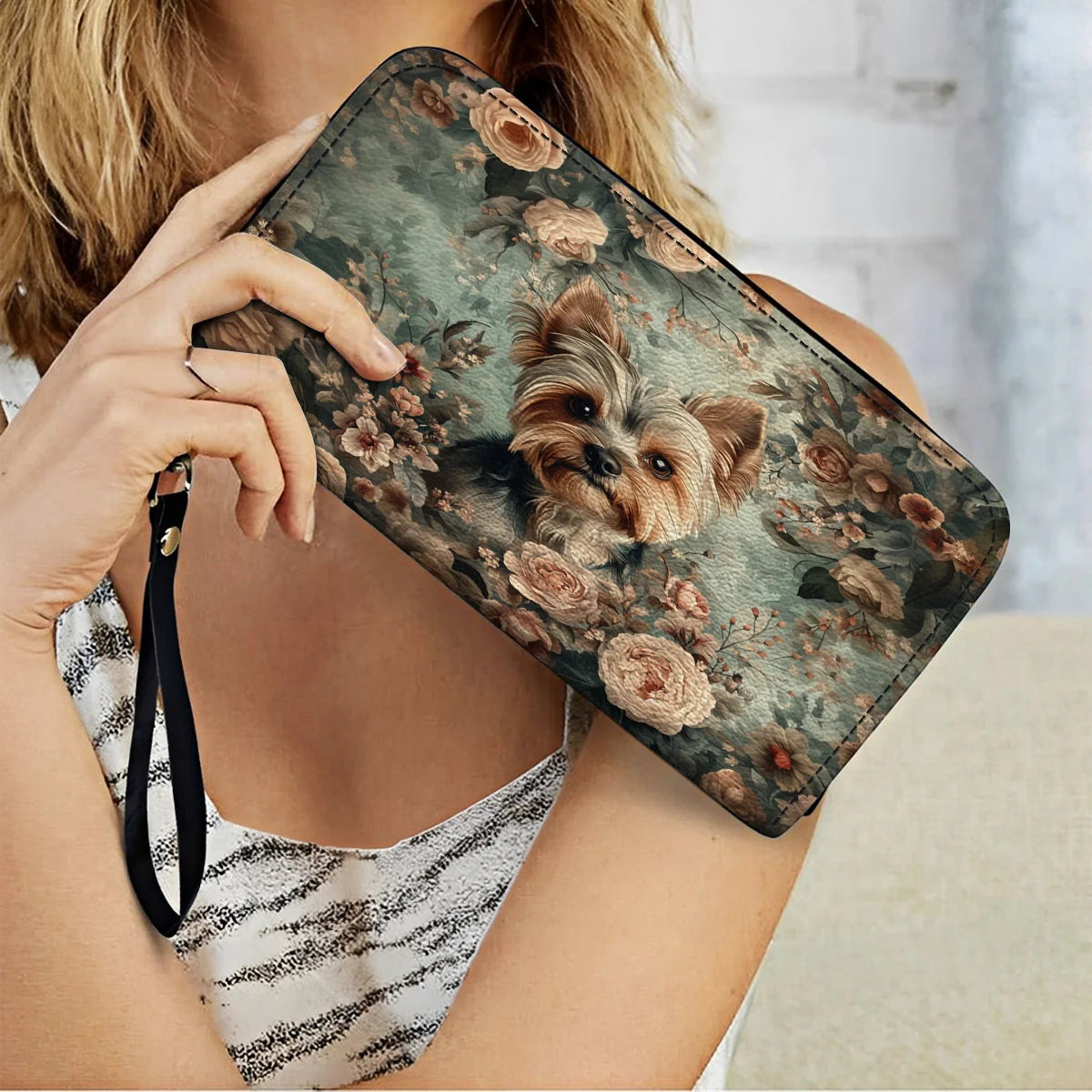  Leather Clutch Purse With Wristlet Strap Handle Yorkie Blossom Luxe