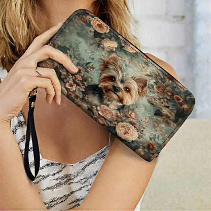  Leather Clutch Purse With Wristlet Strap Handle Yorkie Blossom Luxe