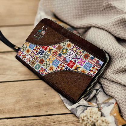 Leather Clutch Purse With Wristlet Strap Handle Quilt Blocks