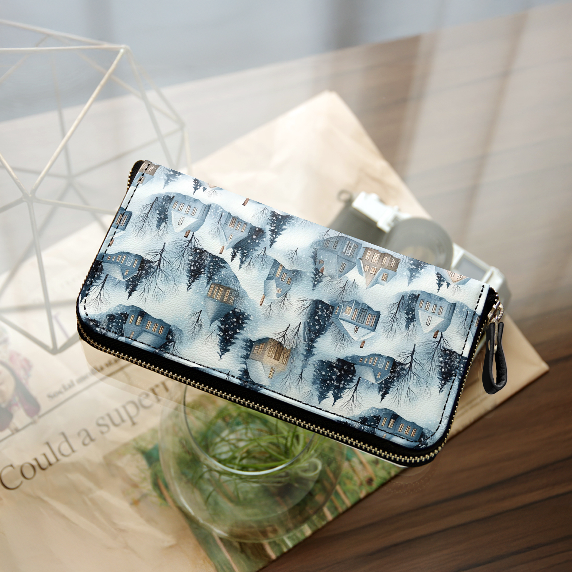  Leather Clutch Purse With Wristlet Strap Handle Snow Village