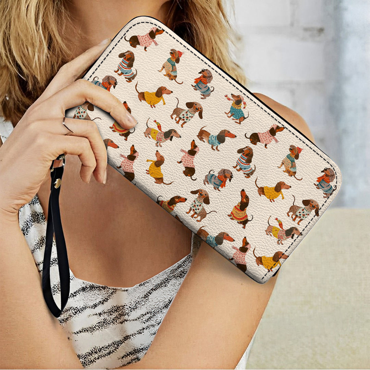  Leather Clutch Purse With Wristlet Strap Handle Dachshund Fashion Wiener