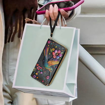 Leather Clutch Purse With Wristlet Strap Handle Hummingbird Gorgeous