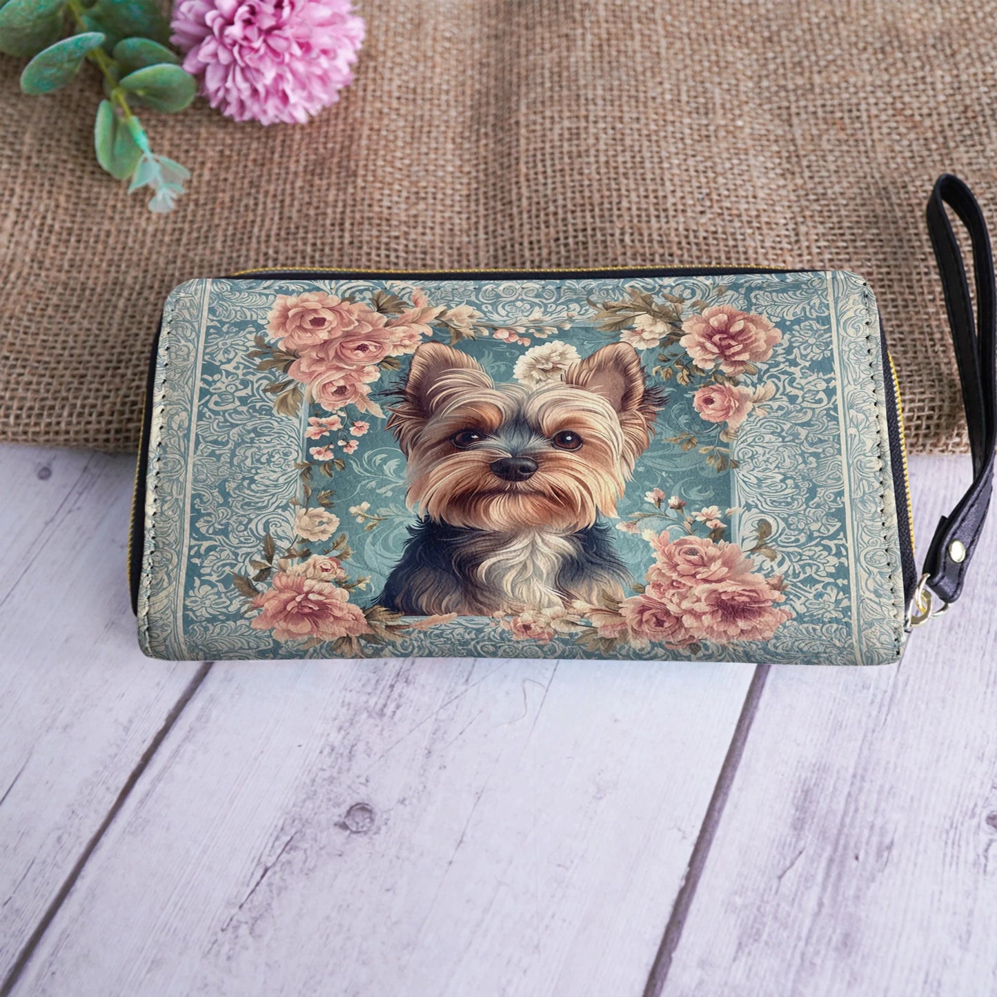  Leather Clutch Purse With Wristlet Strap Handle Yorkie Rose Bloom Elegance