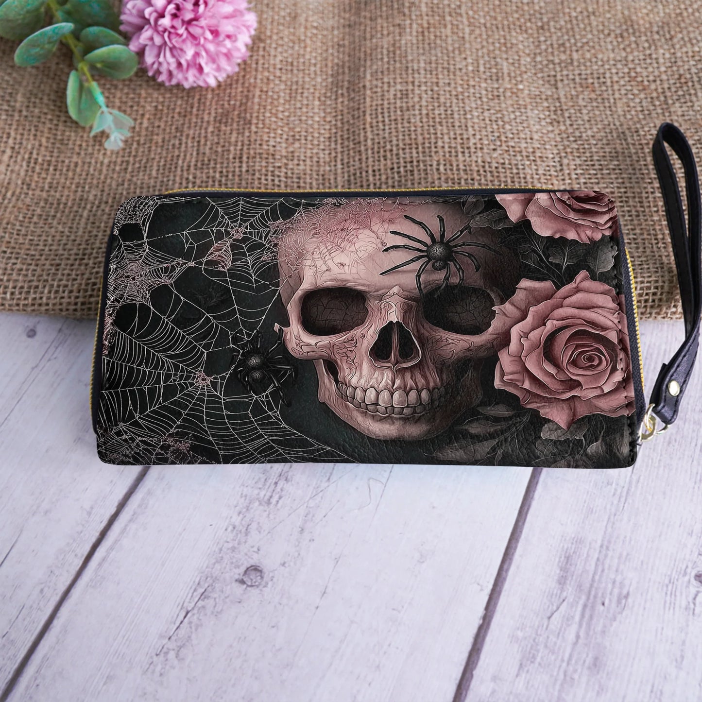  Leather Clutch Purse With Wristlet Strap Handle Eternal Bloom Skull
