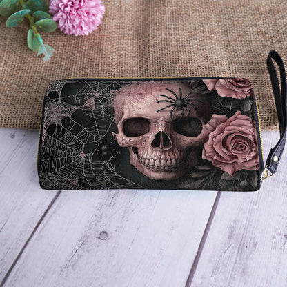  Leather Clutch Purse With Wristlet Strap Handle Eternal Bloom Skull