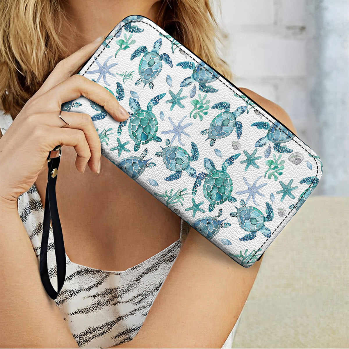  Leather Clutch Purse With Wristlet Strap Handle Blue Sea Turtle