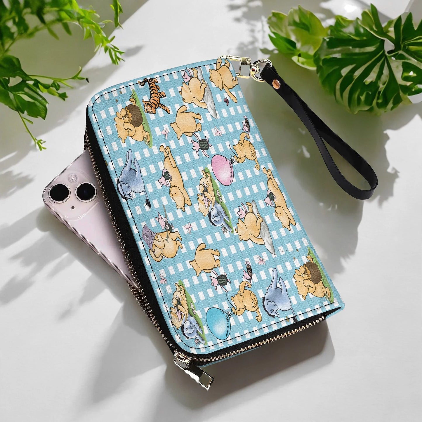  Leather Clutch Purse With Wristlet Strap Handle Winnie the Pooh Picnic